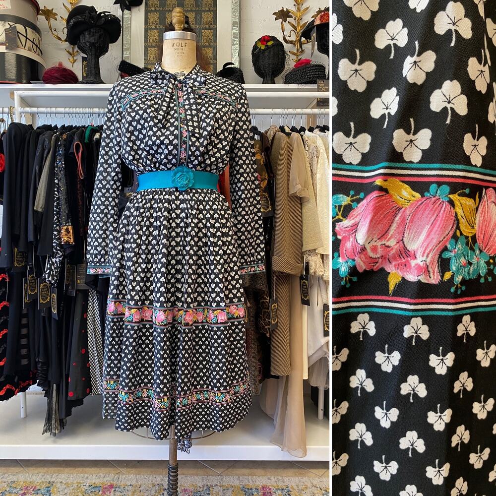 vintage 1980s border print tie neck fit and flare dress, clovers and flowers, L